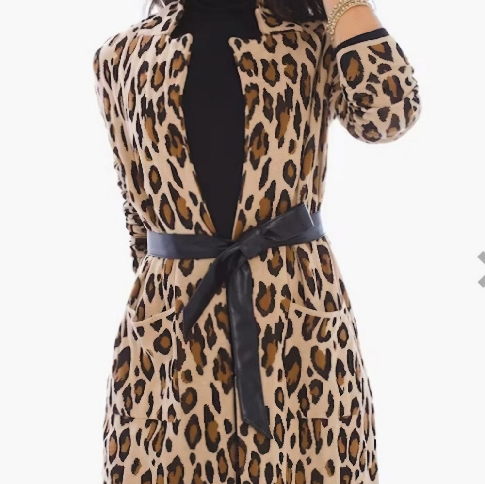 Chico's Leopard Print Long Cardigan Sweater with Front Pockets Size Small